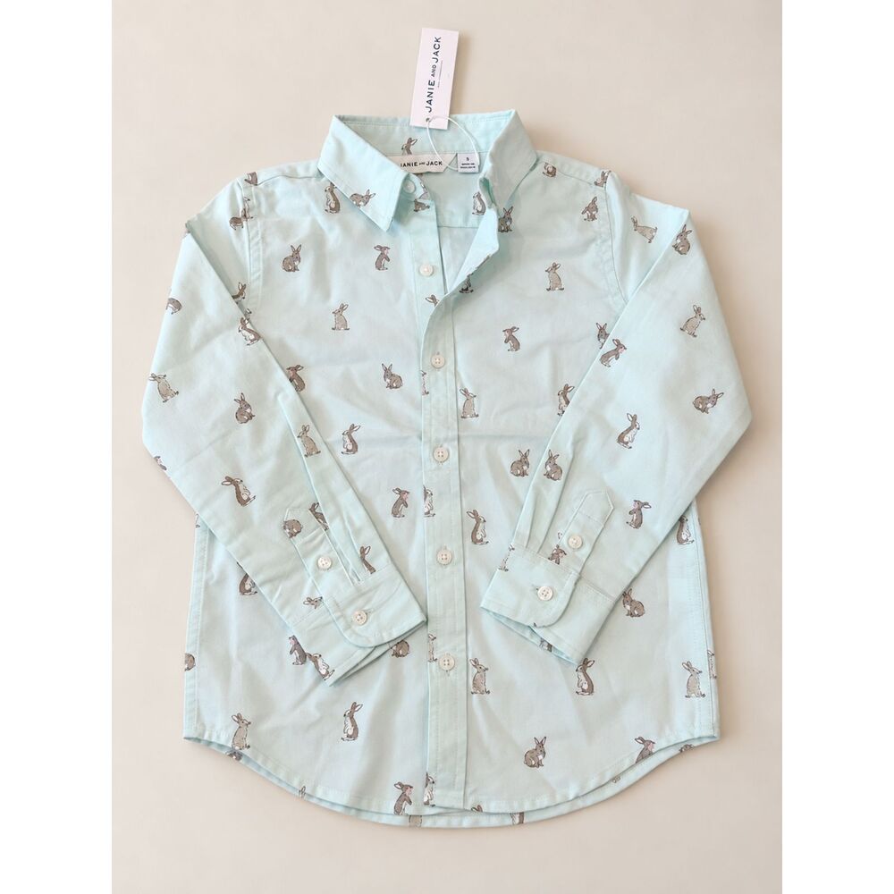 Janie and Jack Boys Rabbit Print Button Front Shirt Size 5 New With Tags